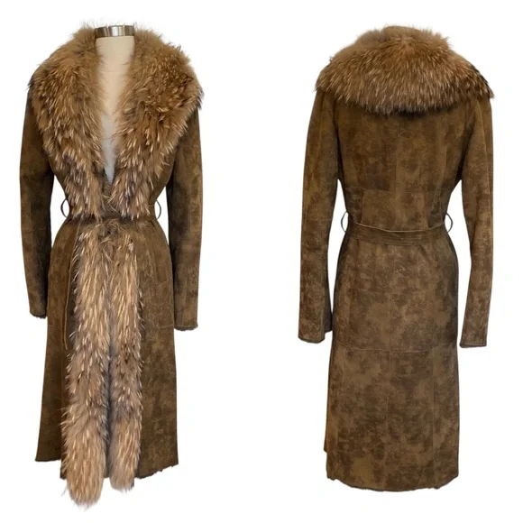 VTG Suede Penny Lane Finnraccoon & Shearling Lamb Fur Trench Coat - Picture 1 of 12
